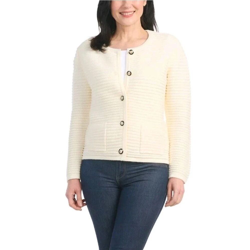 Hilary Radley Textured Knit Cardigan Sweater Ivory Button Front Women's XXL